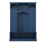 ON-TREND Modern All-in-One Hall Tree with Adjustable Shelves, Classic Arched Farmhouse Storage Bench with Dual Side Cabinets, Elegant Entryway Organizer with 7 Hooks for Mudroom, Hallway, Blue - Grand Goldman Shop
