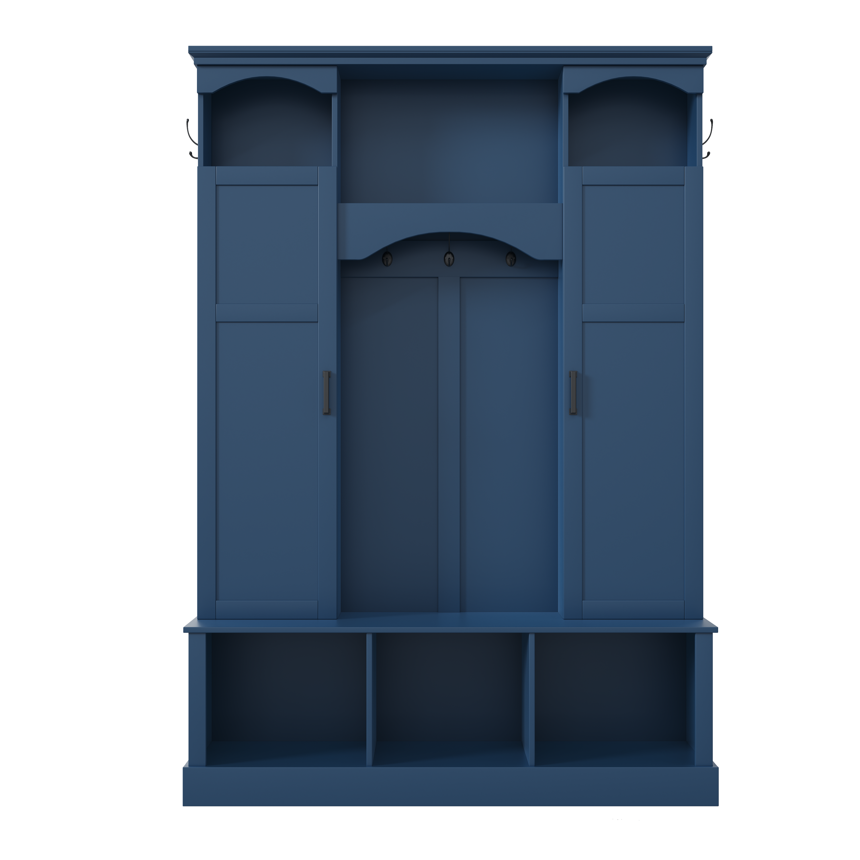ON-TREND Modern All-in-One Hall Tree with Adjustable Shelves, Classic Arched Farmhouse Storage Bench with Dual Side Cabinets, Elegant Entryway Organizer with 7 Hooks for Mudroom, Hallway, Blue - Grand Goldman Shop