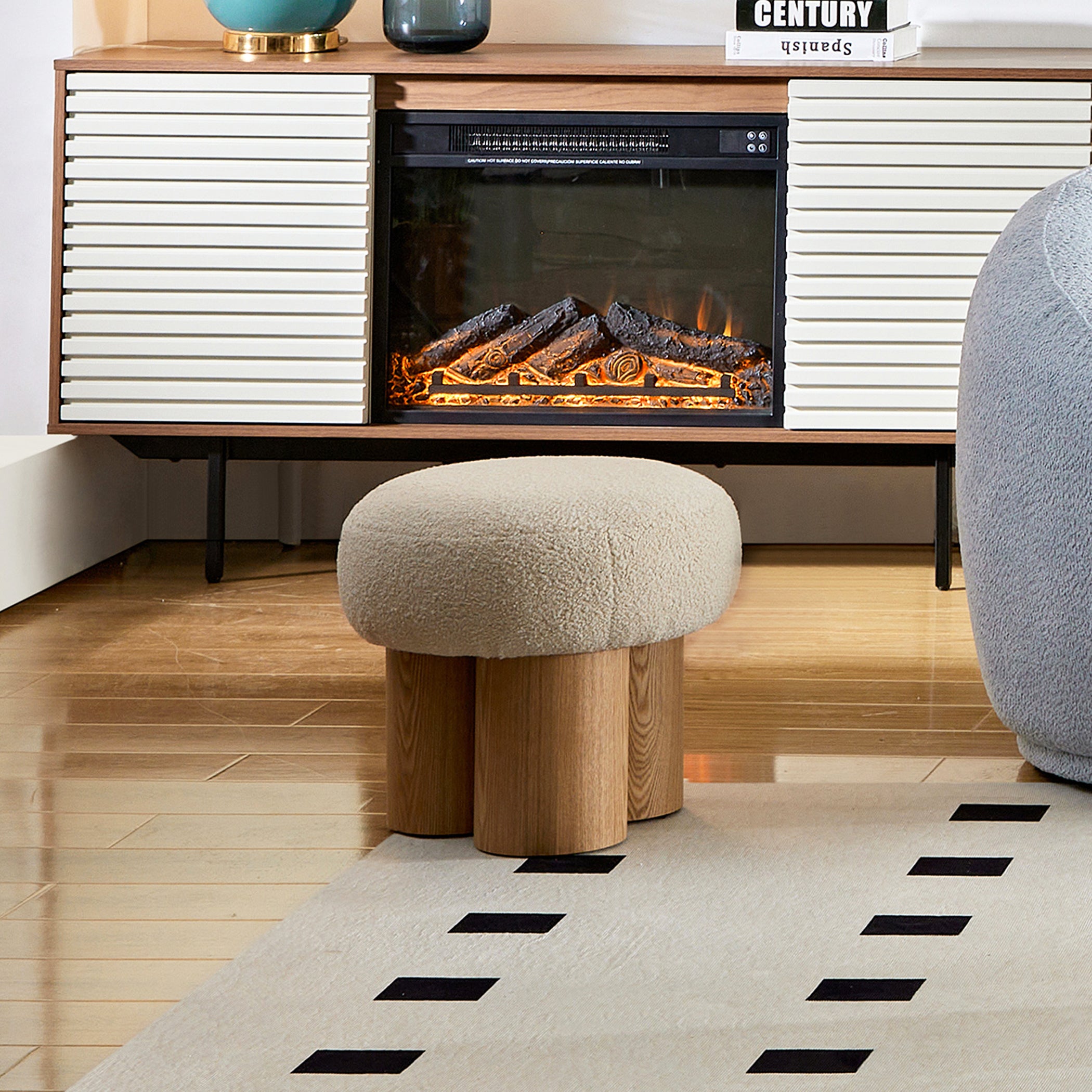 W8017-1 Mushroom Stool with Greige Plush Cushion, Wooden Barrel PVC Pipe, Walnut Finish - Grand Goldman Shop