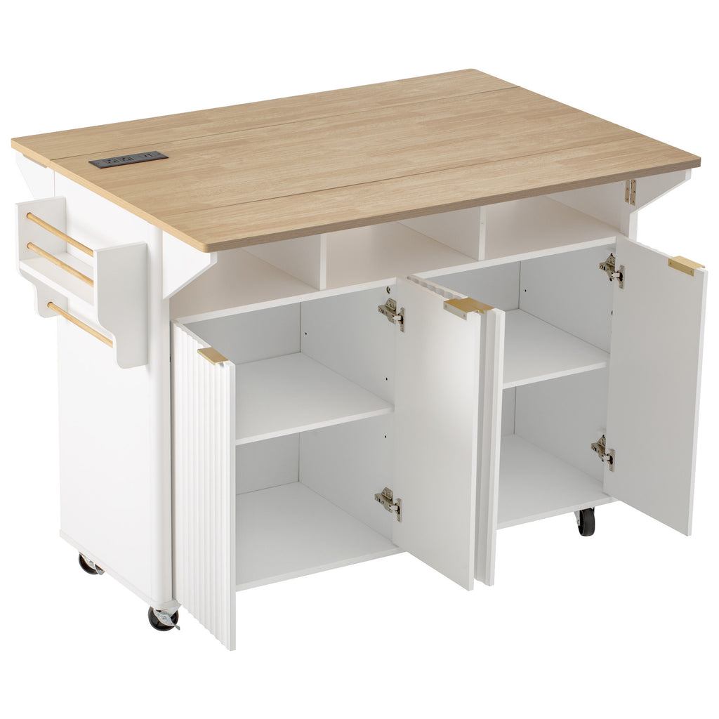 K&K 55.5' Fluted Kitchen Island with 2 Drop Leaf, Kitchen Storage Cart with Power Outlet, 4 Doors, Spice rack, Rolling Island Table with Wood-grain Top, Curved Edge for Kitchen, Dining Room,White - Grand Goldman Shop