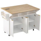 K&K 55.5' Fluted Kitchen Island with 2 Drop Leaf, Kitchen Storage Cart with Power Outlet, 4 Doors, Spice rack, Rolling Island Table with Wood-grain Top, Curved Edge for Kitchen, Dining Room,White - Grand Goldman Shop