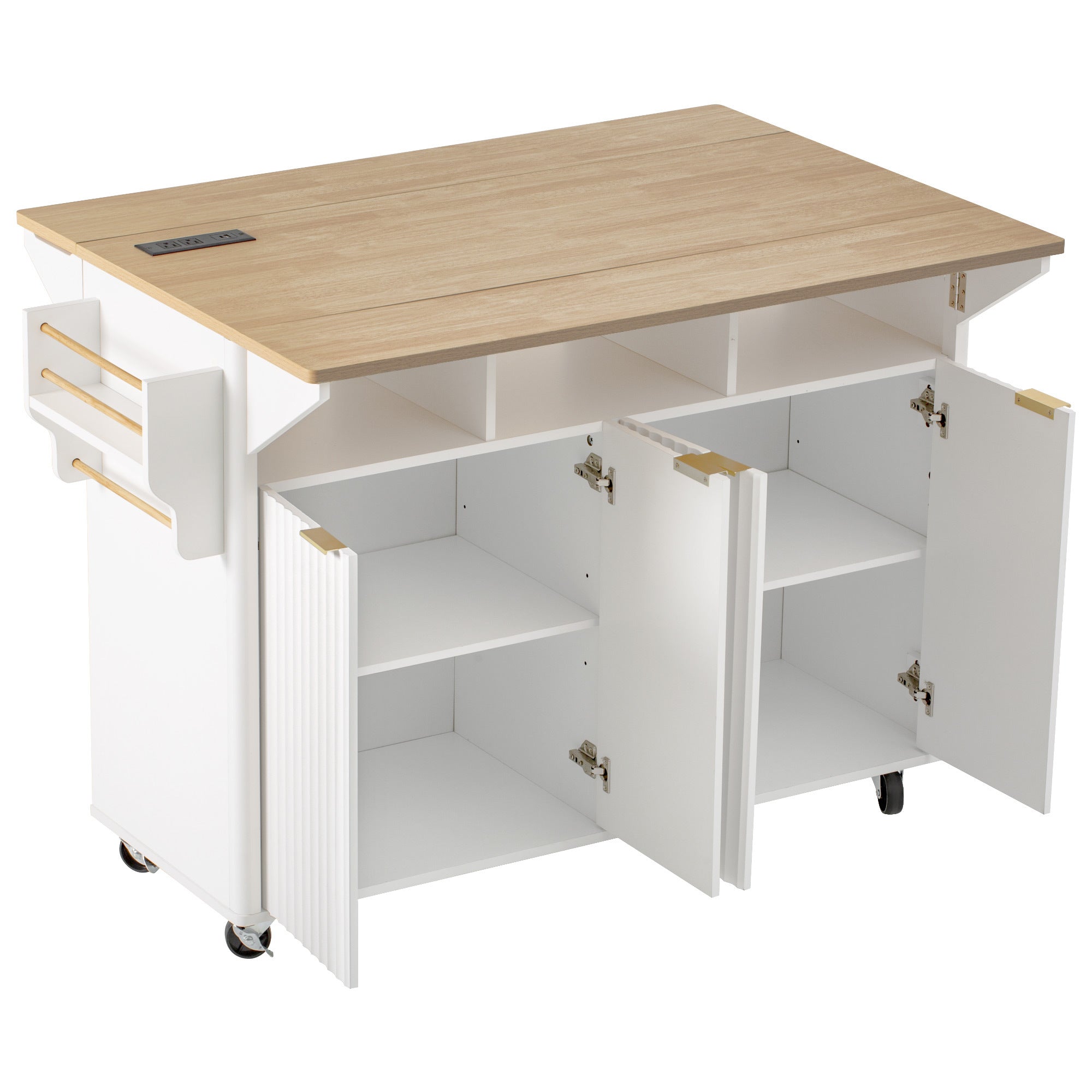 K&K 55.5' Fluted Kitchen Island with 2 Drop Leaf, Kitchen Storage Cart with Power Outlet, 4 Doors, Spice rack, Rolling Island Table with Wood-grain Top, Curved Edge for Kitchen, Dining Room,White - Grand Goldman Shop