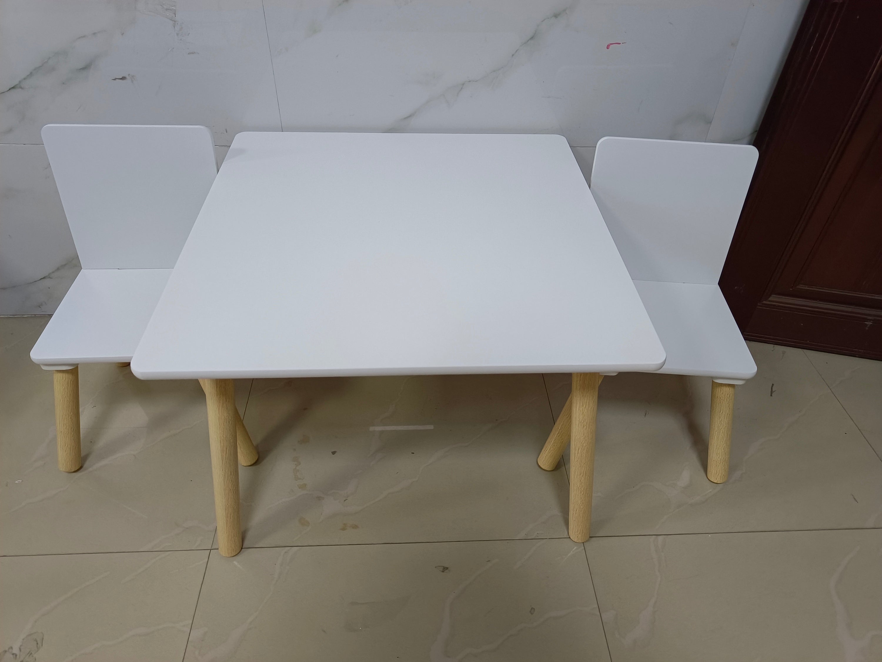 White Wooden Kids Table and 2 Chairs Set, 3-Piece Toddler Activity Play Table with Solid Wood & MDF Construction, Compact Siz