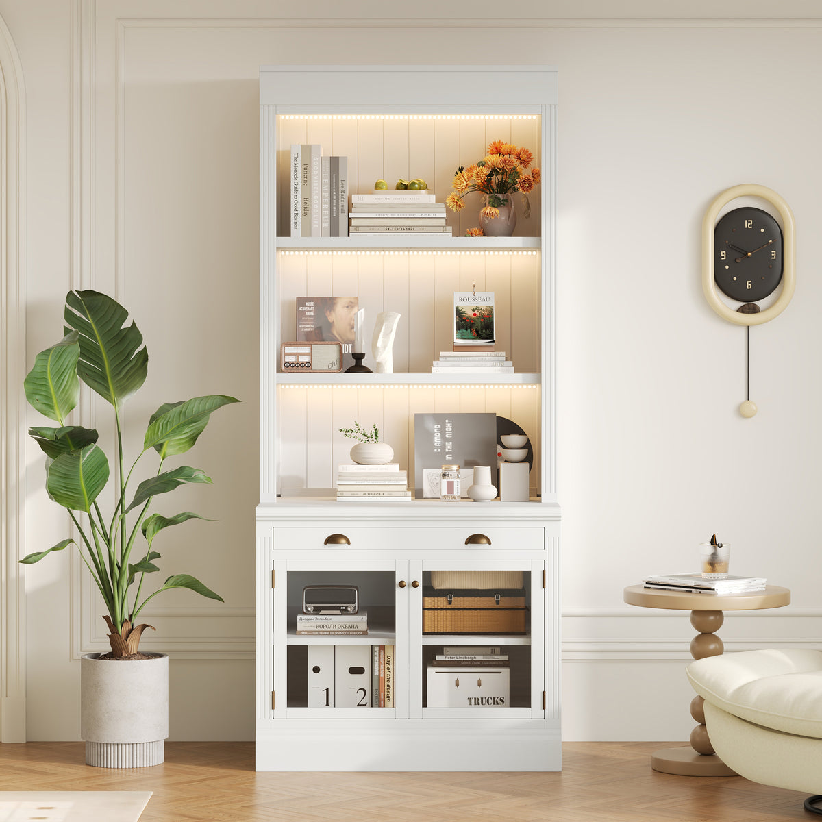 83.4'Tall Bookshelf with LED Lighting, Modern Bookcase with 2 Glass Doors and 1 Drawer,Storage Bookcase with Open Shelves for
