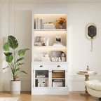 83.4'Tall Bookshelf with LED Lighting, Modern Bookcase with 2 Glass Doors and 1 Drawer,Storage Bookcase with Open Shelves for