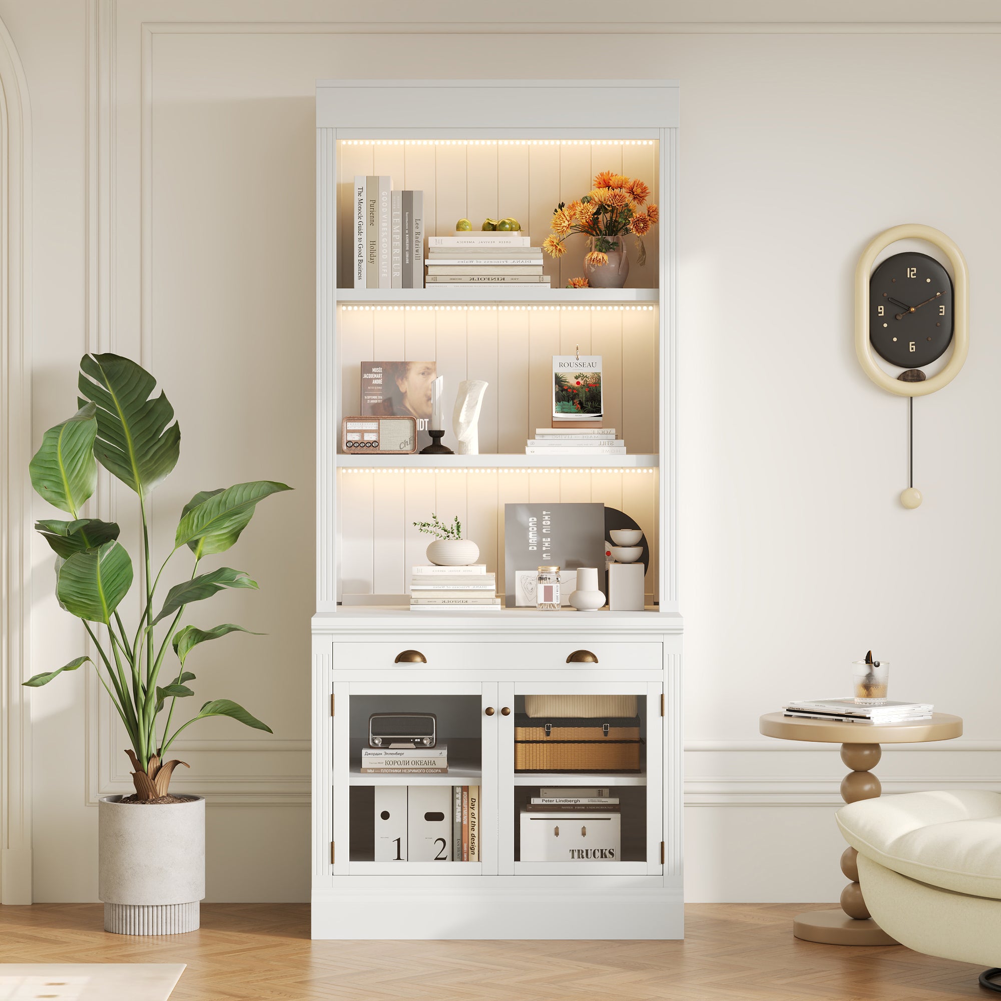 83.4'Tall Bookshelf with LED Lighting, Modern Bookcase with 2 Glass Doors and 1 Drawer,Storage Bookcase with Open Shelves for