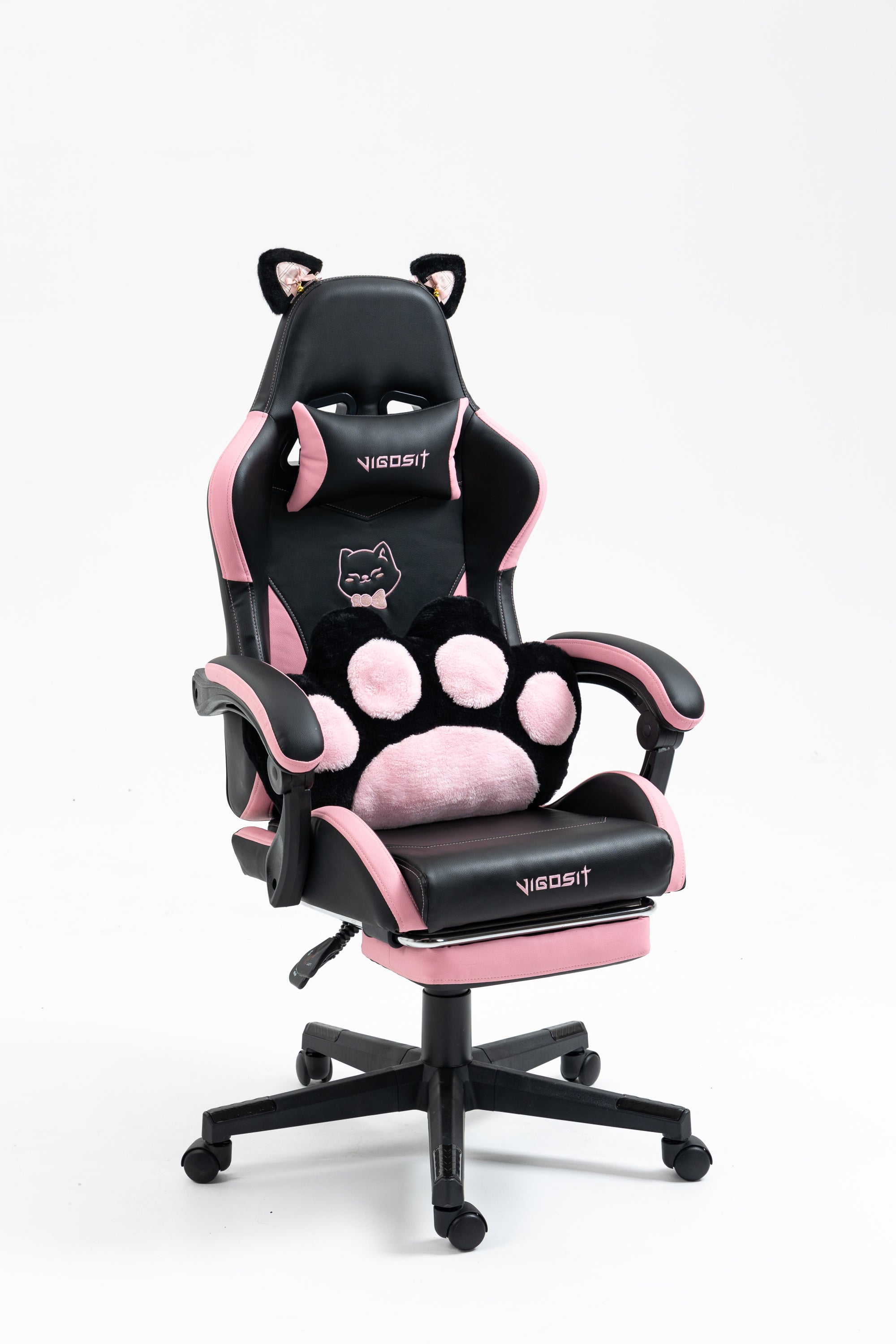 Cute Cat Gaming Chair with Paw Lumbar Cushion, PC Video Gamer Chair for Girl Teen Woman (Black) - Grand Goldman