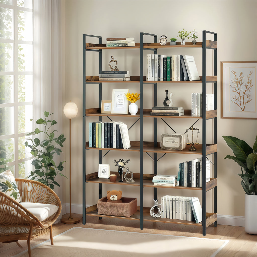 6-Tier Industrial Bookshelf, 67' Wooden Bookshelf with Open Shelves, Freestanding Metal Frame Bookcase for Storage and Display, Modern Book Shelves for Bedroom, Living Room and Home Office, Brown - Grand Goldman Shop