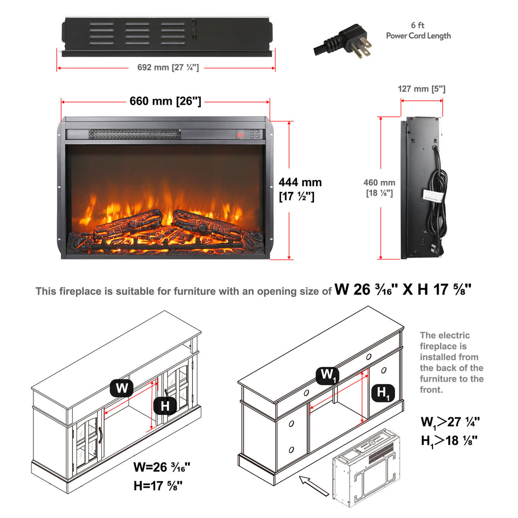 26 inch electric fireplace insert, ultra thin heater with log set & realistic flame, remote control with timer, overheating protection - Grand Goldman Shop