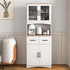 Wooden Kitchen Cabinet White Pantry Room Storage Microwave Cabinet with Framed Glass Doors and Drawer - Grand Goldman Shop