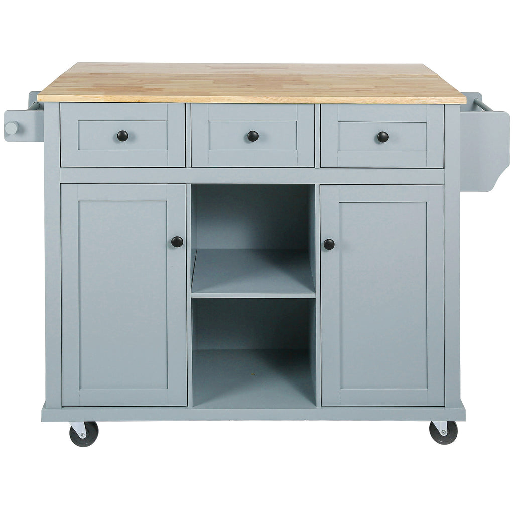 Kitchen Cart with Rubber wood Drop-Leaf Countertop ,Cabinet door internal storage racks,Kitchen Island on 5 Wheels with Storage Cabinet and 3 Drawers for Dinning Room, Grey Blue - Grand Goldman Shop