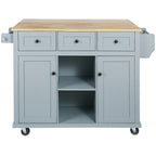 Kitchen Cart with Rubber wood Drop-Leaf Countertop ,Cabinet door internal storage racks,Kitchen Island on 5 Wheels with Storage Cabinet and 3 Drawers for Dinning Room, Grey Blue - Grand Goldman Shop