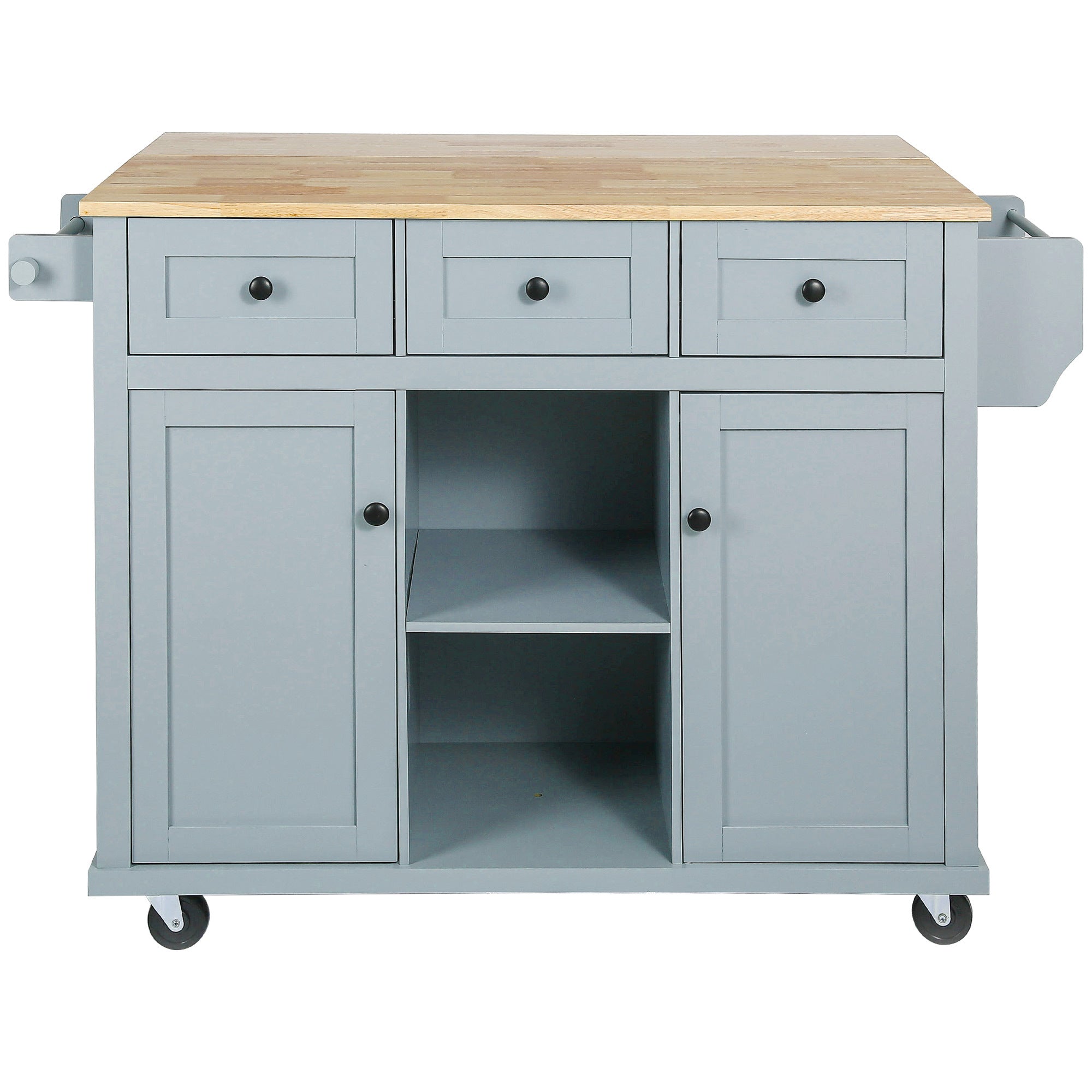 Kitchen Cart with Rubber wood Drop-Leaf Countertop ,Cabinet door internal storage racks,Kitchen Island on 5 Wheels with Storage Cabinet and 3 Drawers for Dinning Room, Grey Blue - Grand Goldman Shop