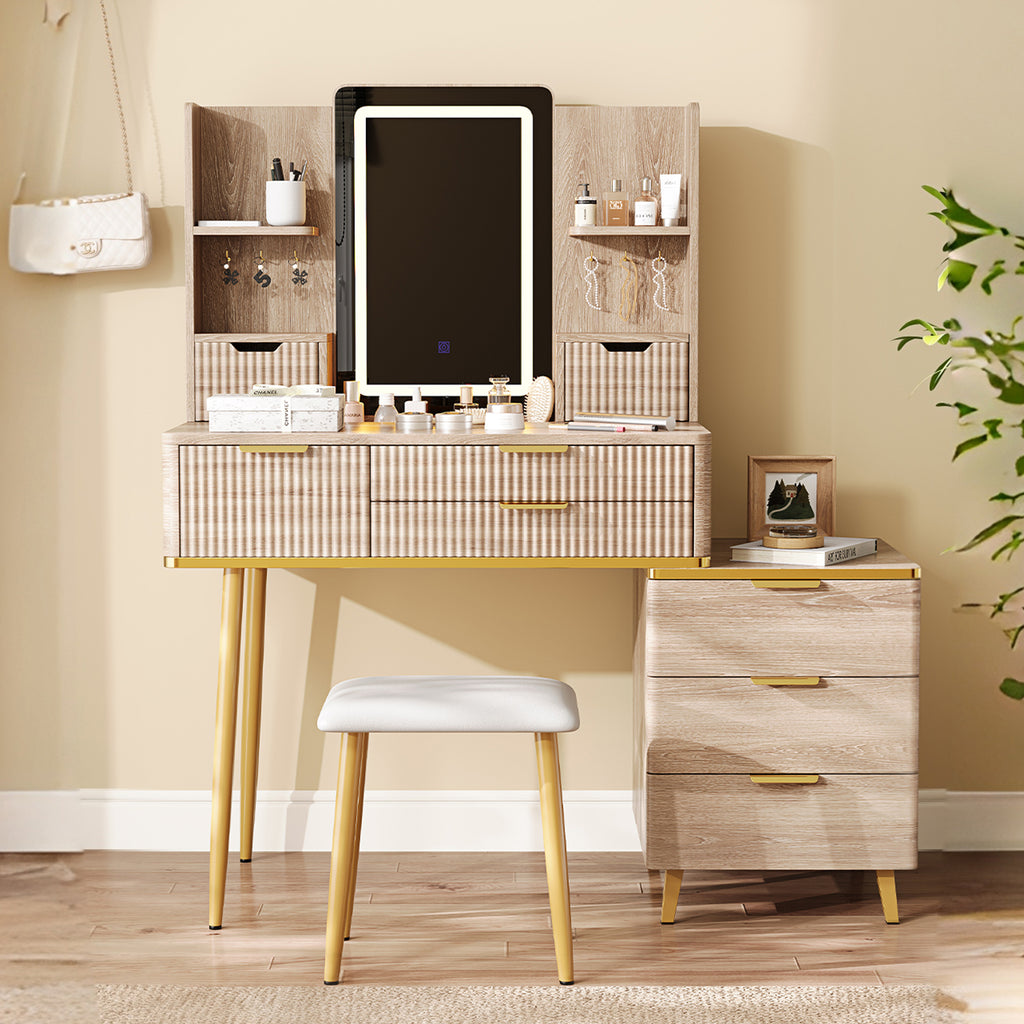 7-Drawer Vanity Desk with LED Mirror & Carved Details, Fluted Makeup Table with Metal Legs and PU Stool, Carved Dressing Table with Jewelry Storage for Bedroom - Grand Goldman Shop