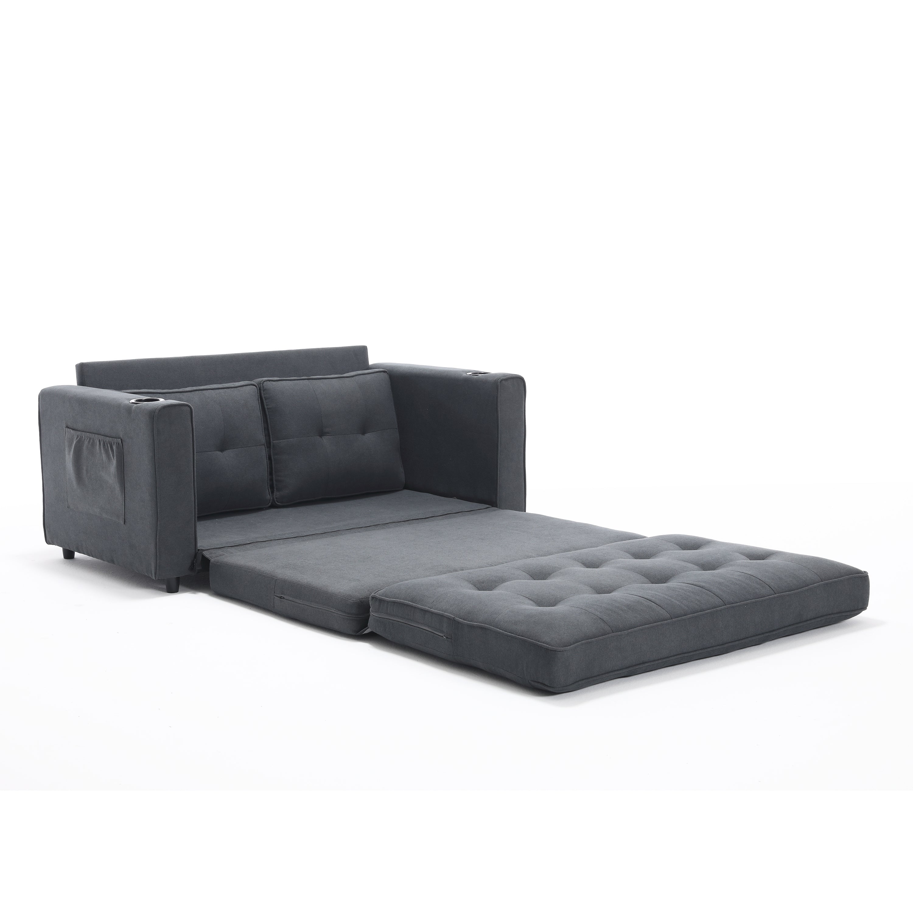 {VIDEO Provided}3-in-1 Upholstered Futon Sofa Convertible Sofa bed,Foldable Tufted Loveseat with Pull Out Sleeper Couch Bed,Folding Mattres Love Seat Daybed W/Side Pockets and Cup Holder, Dark Gray - Grand Goldman Shop