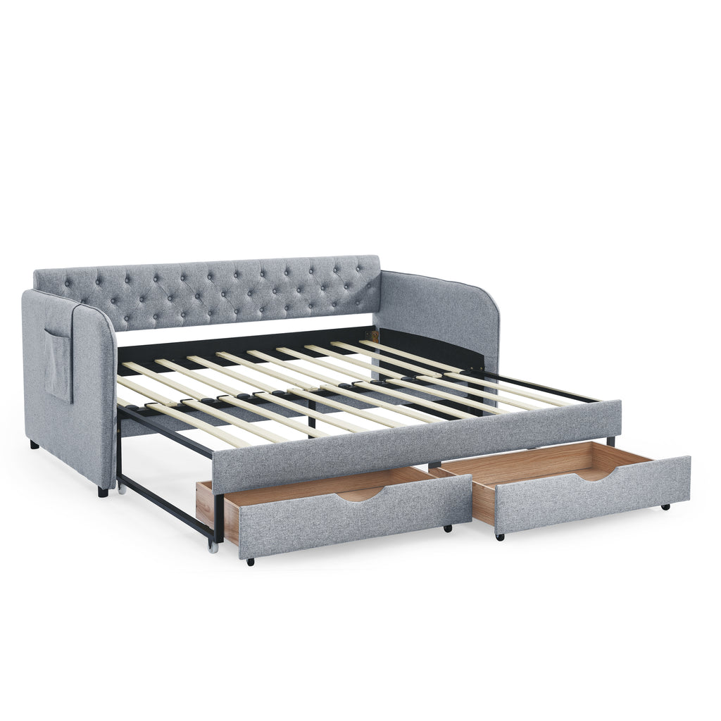 Linen Grey Mid-Century Style Twin Daybed with Trundle and Storage Drawers, Flat Arms with Pocket, Extendable for Bedroom or Living Room - Grand Goldman Shop