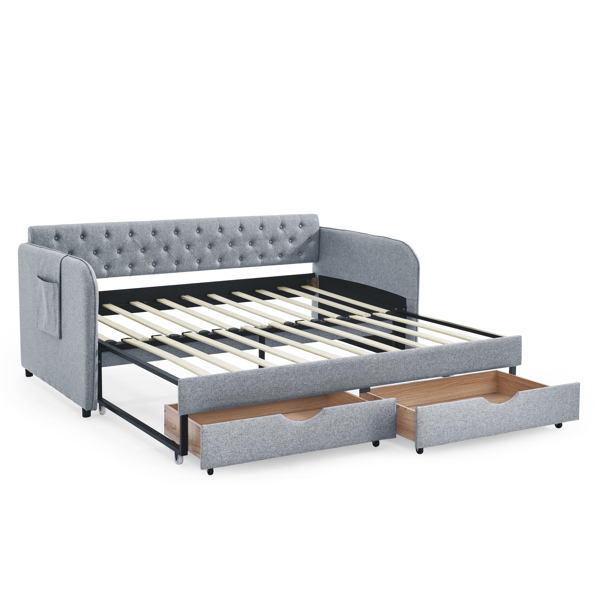 Linen Grey Mid-Century Style Twin Daybed with Trundle and Storage Drawers, Flat Arms with Pocket, Extendable for Bedroom or Living Room - Grand Goldman Shop