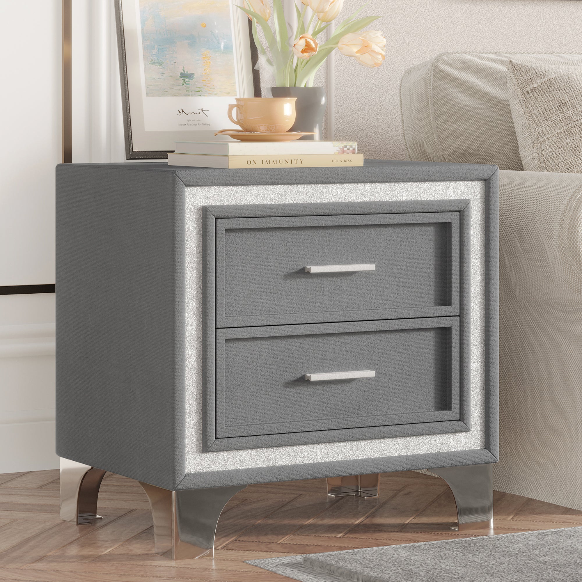 Mid Century Vintage Nightstand with Silver Glitter Strip Decor and Metal Legs, Velvet Bedside Table with 2 Drawers, Fully Assembled Except Legs and Handles, Gray - Grand Goldman Shop