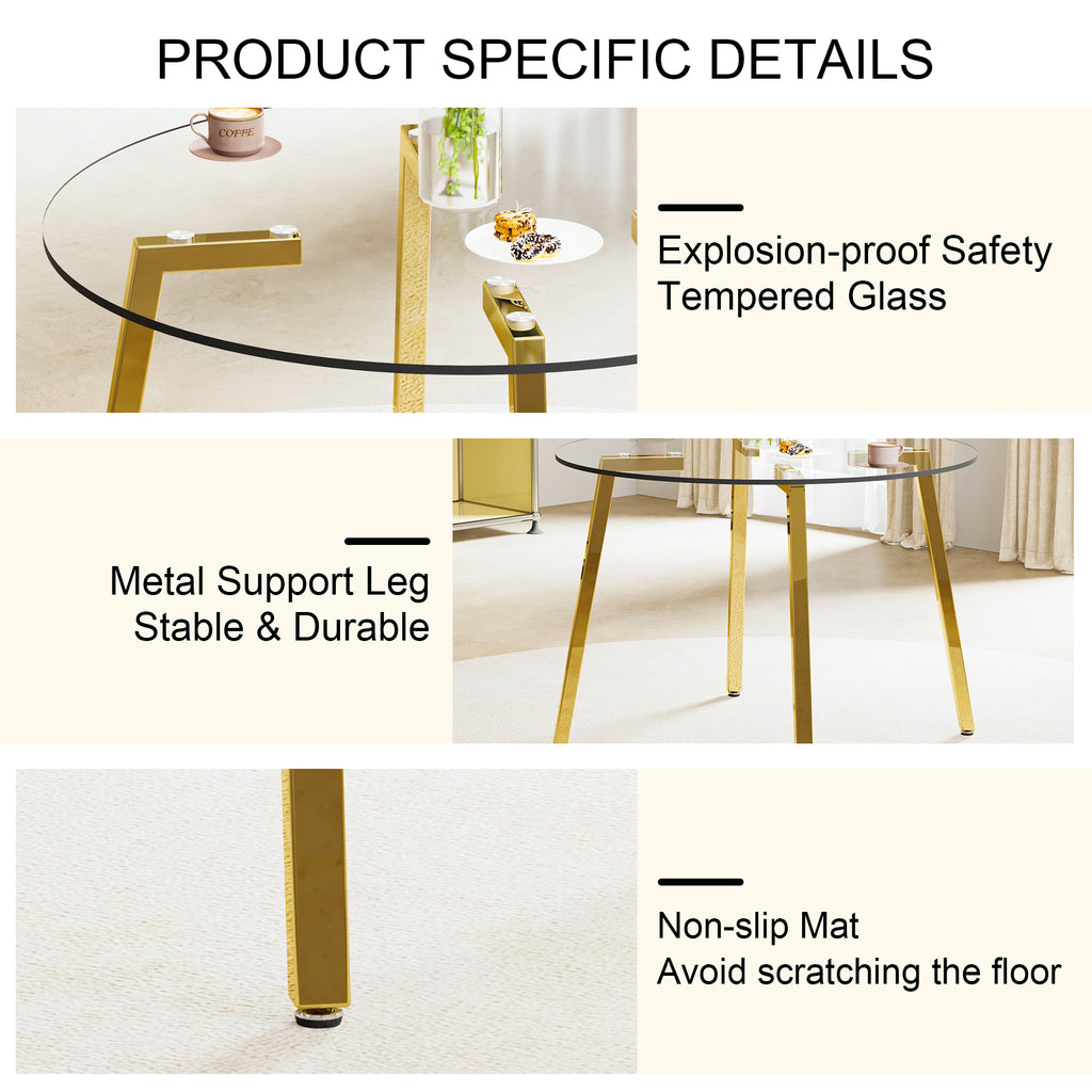 Modern minimalist style circular transparent tempered glass table, tempered glass tabletop, golden metal legs, suitable for kitchen, dining room, and living room, 42 '* 42' * 29.5 '1123r - Grand Goldman Shop