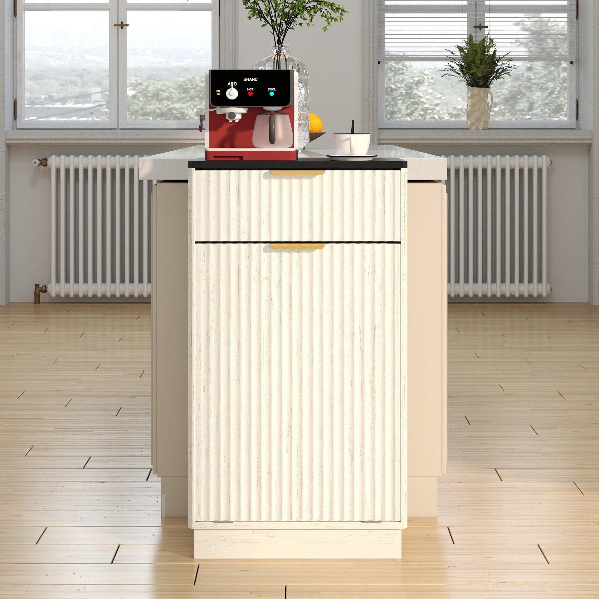 10-Gallon Woodgrain Tilt-Out Trash Can Cabinet Wooden Garbage Recycling Cabinet with Wave-Textured Hideaway Drawer&Pull-Out Bin-Multipurpose Kitchen/Bath Organizer in Antique White Finish - Grand Goldman Shop