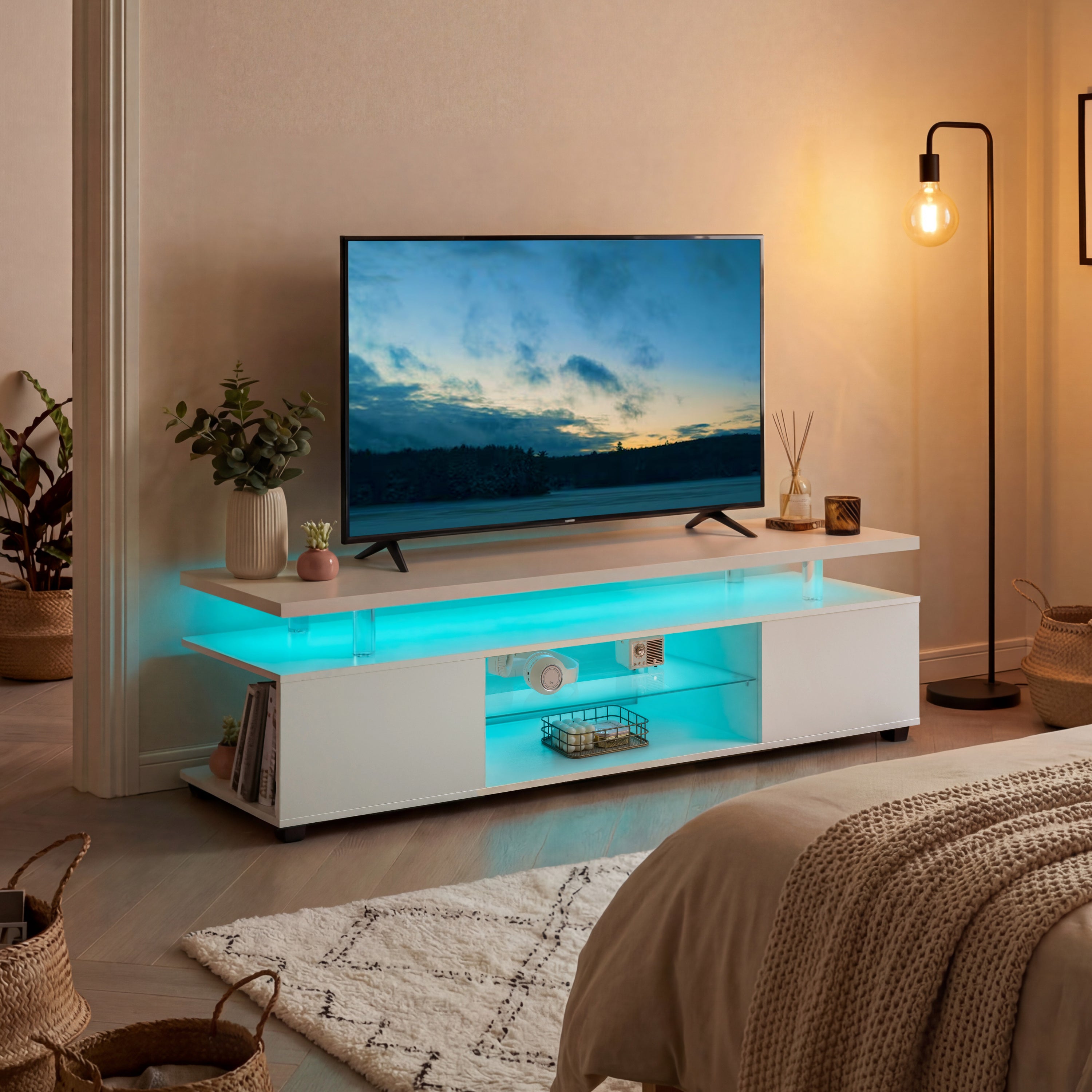 TV Stand for 60 Inch TV LED Gaming Entertainment Center Media Storage Console Table with Large Side Cabinet for Living Room( White) - Grand Goldman Shop