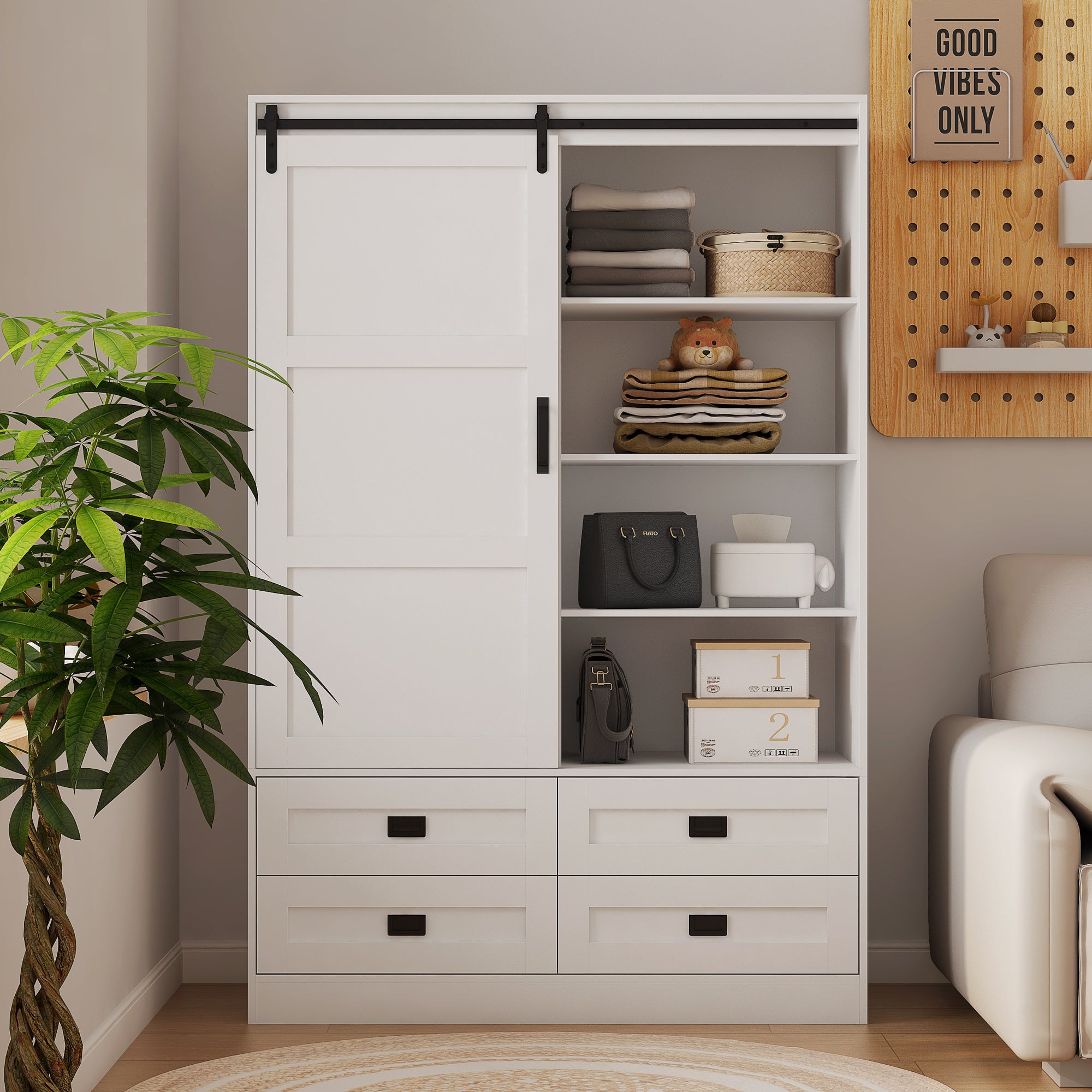 Tall Bedroom Armoire Wardrobe Closet Clothing Storage Cabinet with Hanging Rod Barn Door Drawers Open Shelves - Grand Goldman Shop