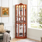 Glass Cabinet Lighted Corner Cabinet Corner Display Curio Cabinet, Glass Display With Light(Included)Bar Cabinet,Wine Cabinet with Adjustable Glass Shelves Carved Decoration OAK Light(Included) - Grand Goldman Shop