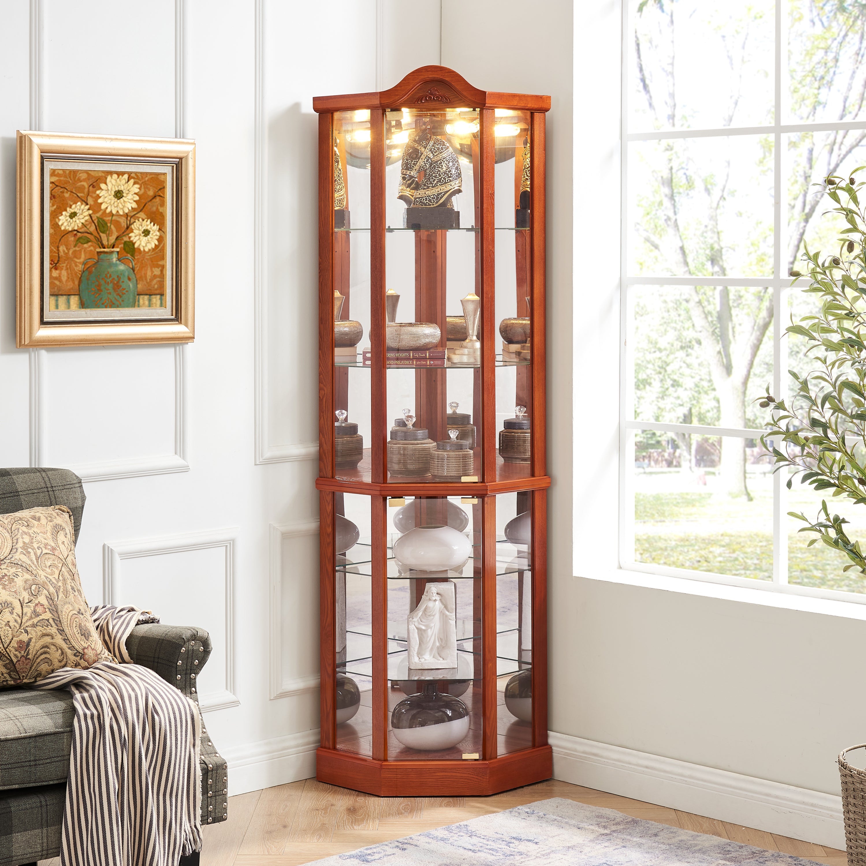 Glass Cabinet Lighted Corner Cabinet Corner Display Curio Cabinet, Glass Display With Light(Included)Bar Cabinet,Wine Cabinet with Adjustable Glass Shelves Carved Decoration OAK Light(Included) - Grand Goldman Shop
