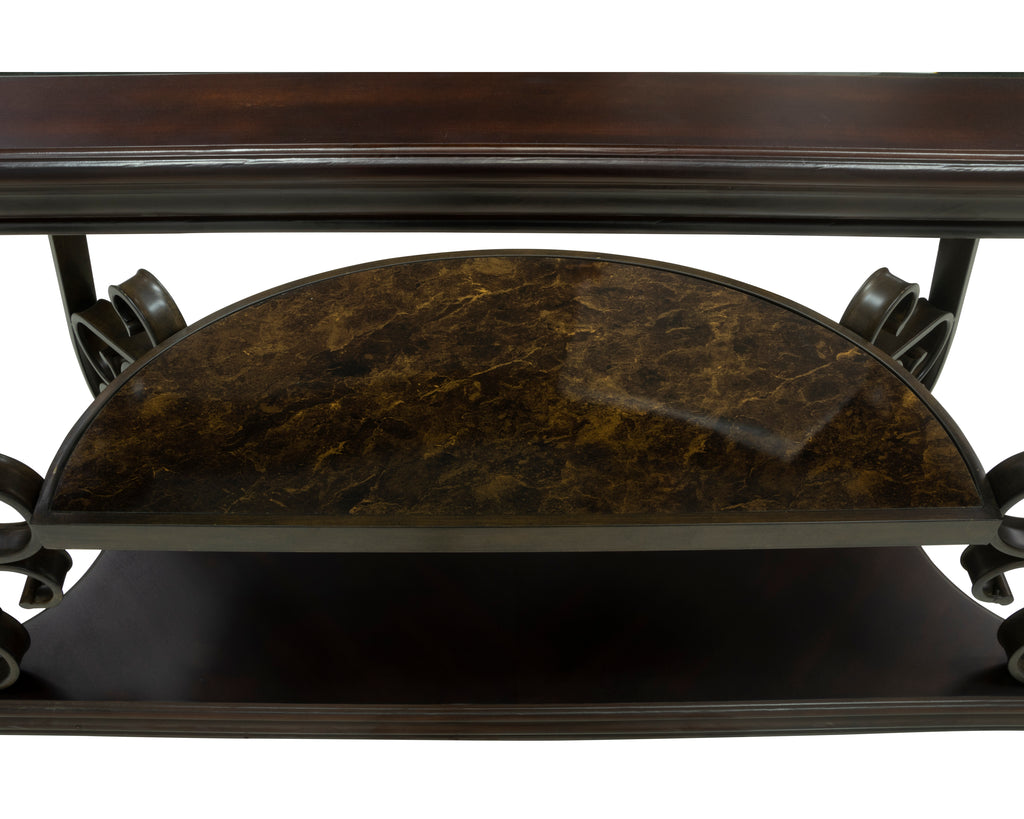 Sofa Table, Glass table top, MDF W/marble paper middle shelf, powder coat finish metal legs. (54'Lx20'Wx30'H) - Grand Goldman Shop