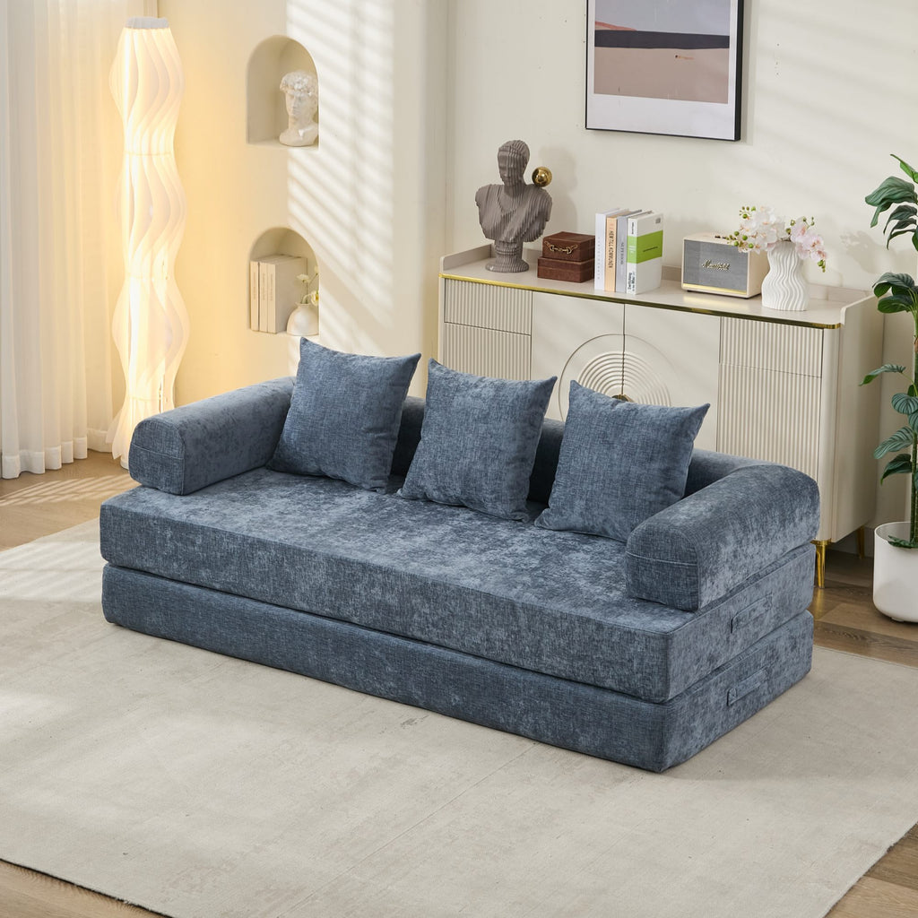 Comfy Convertible Folding Mattress Couch, Floor Sofa Bed, Chenille Floor Sofa with Armrest, Floor Sofa Lounge Couch for Living Room Bedroom Lounge Studio-Blue - Grand Goldman Shop