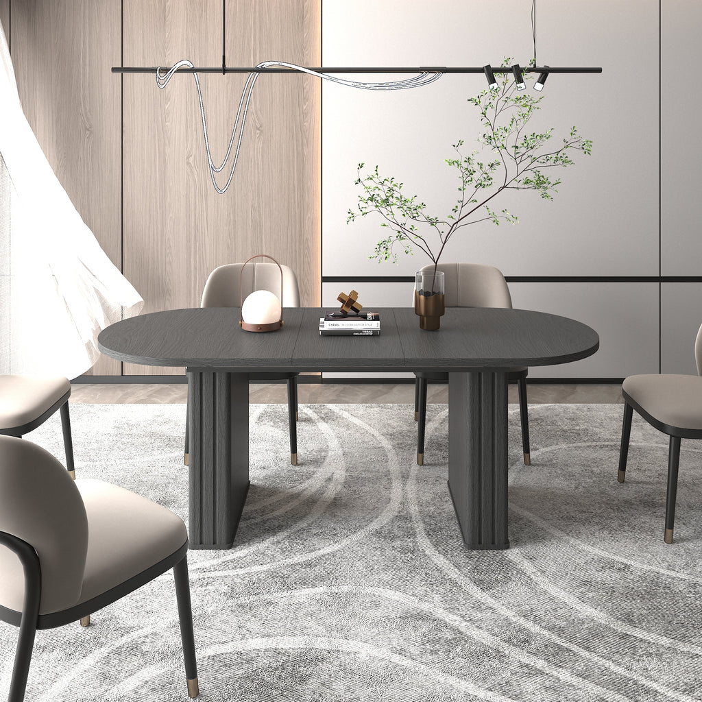 Kitchen extendable dining table for 4-8 people, oval kitchen table with wooden strip base for family living room (black) - Grand Goldman Shop