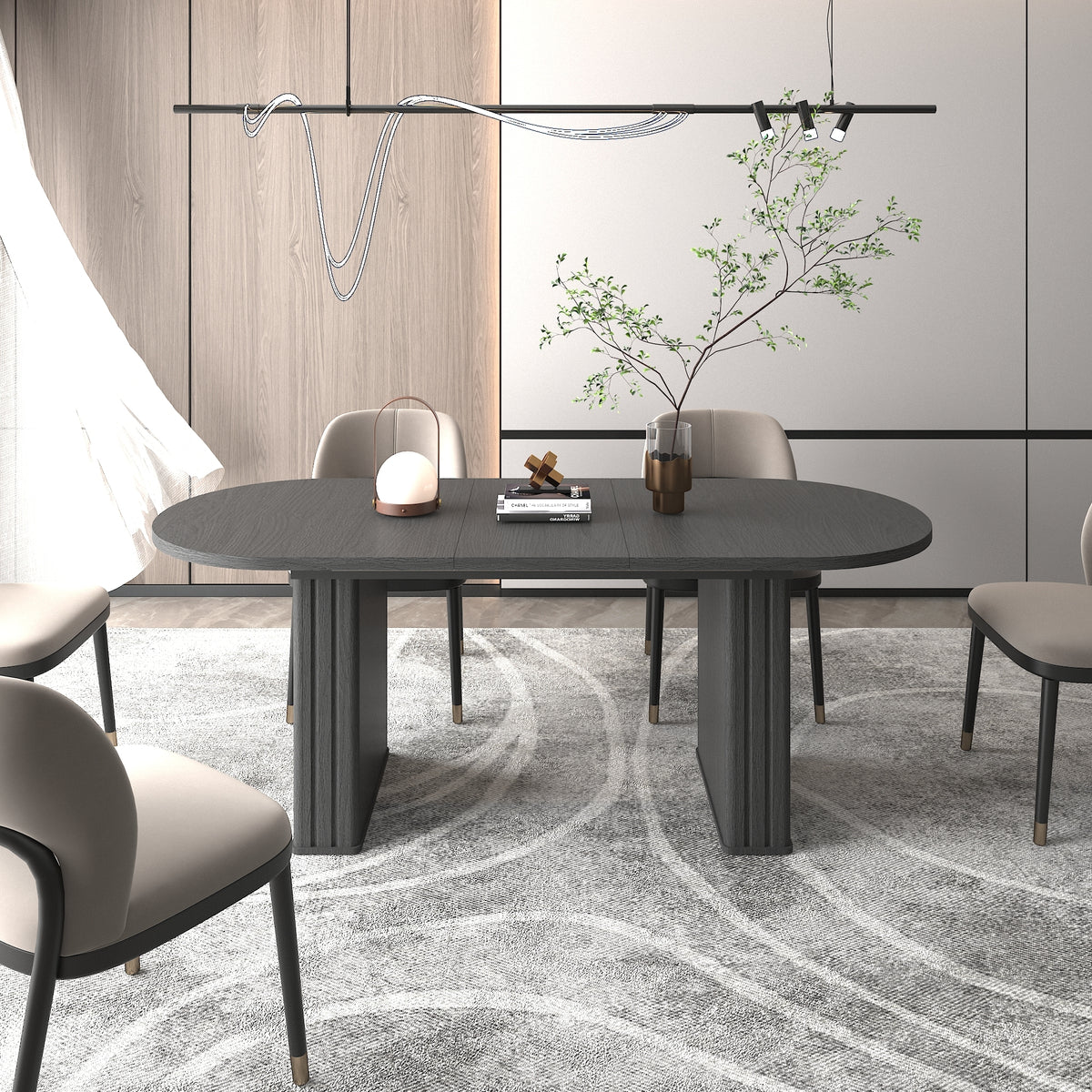 Kitchen extendable dining table for 4-8 people, oval kitchen table with wooden strip base for family living room (black) - Grand Goldman Shop