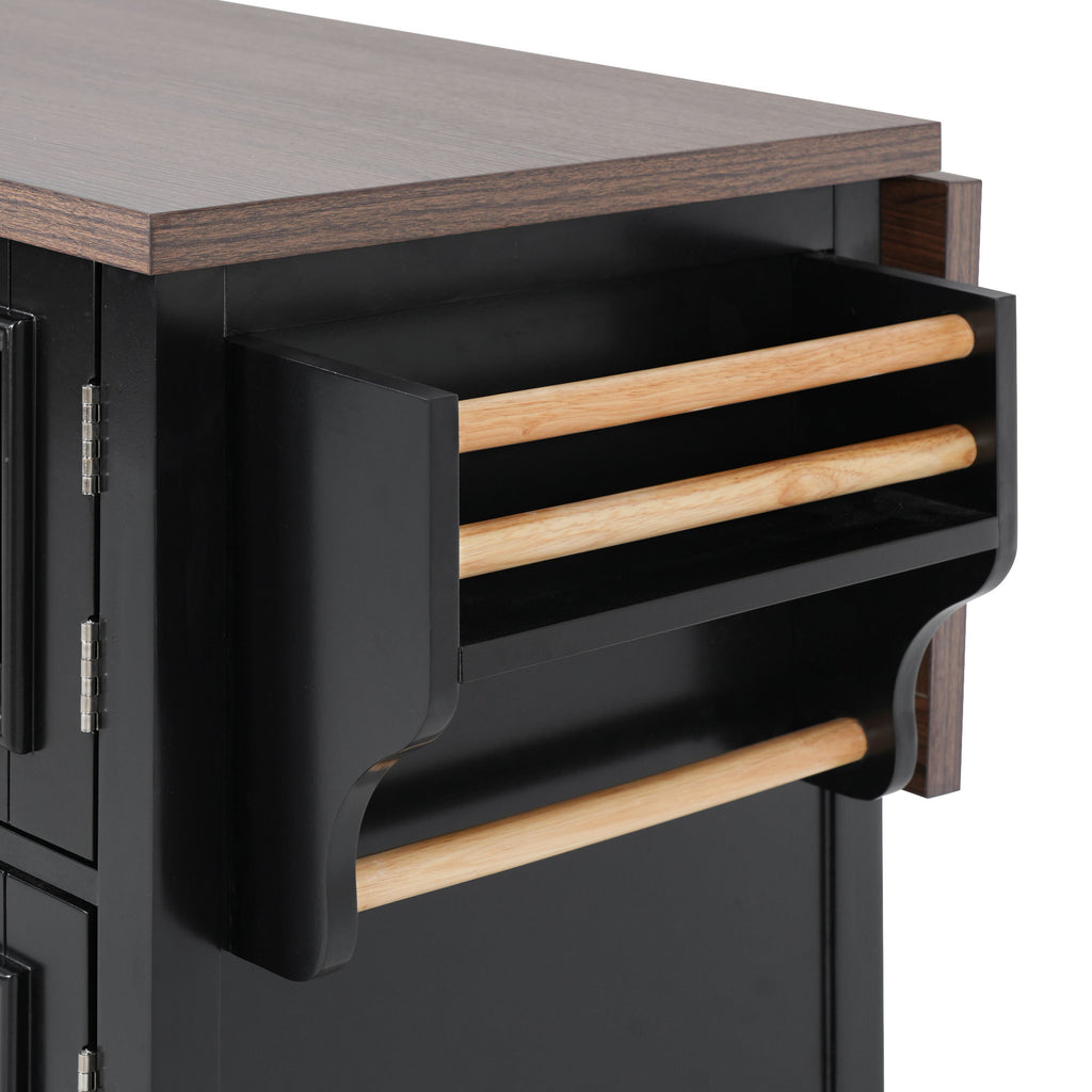 K&K 54.9' Kitchen Island with Drop Leaf, Power Outlet, Kitchen Storage Cart with 4 Door Shelves, Cross Barn Doors & Visual Glass Door, Rolling Kitchen Island on 4 Wheels for Kitchen, Dining Room,Black - Grand Goldman Shop