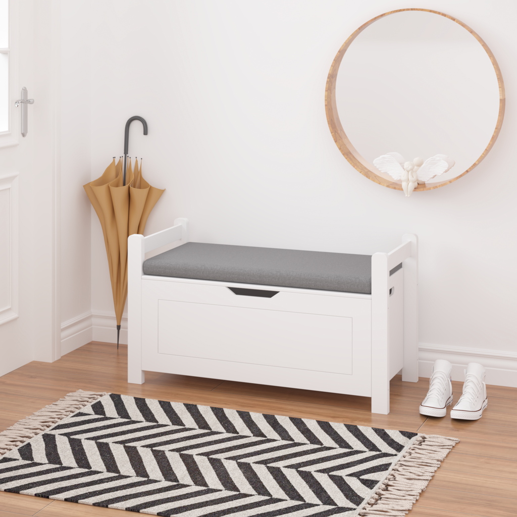 Kids Toy Box Chest White Storage Cabinet with Cushion Seat Bench Flip-Top Lid Safety Hinge for Nursery Playroom - Grand Goldm