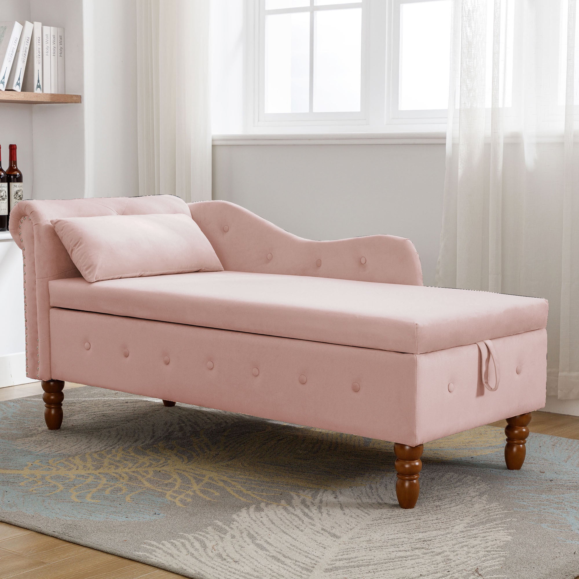 Pink Chaise Lounge Indoor, Velvet Lounge Chair for Bedroom with Storage & Pillow, Modern Upholstered Rolled Arm Chase Lounge for Sleeping with Nailhead Trim for Living Room Bedroom Office - Grand Goldman Shop