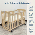 Portable Pine Wood Bedside Bassinet with 3 Adjustable Heights, Natural Wood Mini Crib for Newborns 0-36 Months, Compact Desig