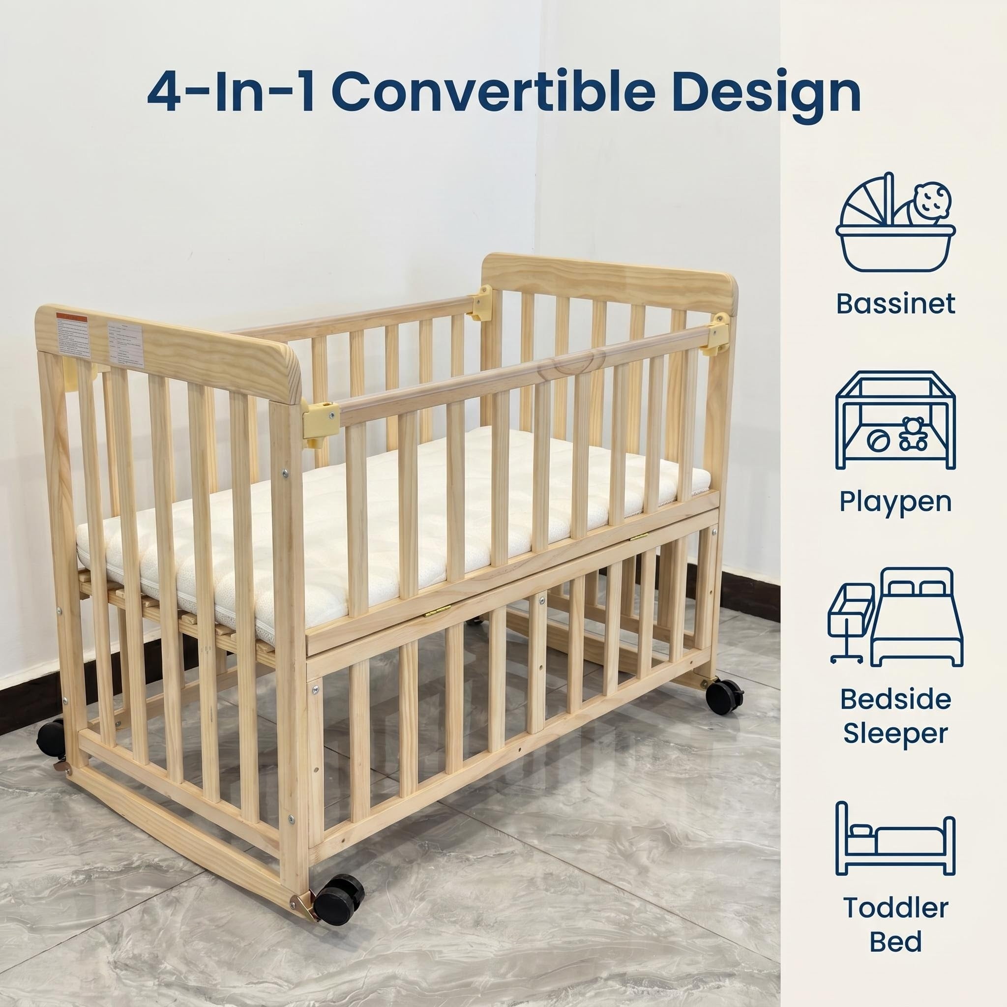 Portable Pine Wood Bedside Bassinet with 3 Adjustable Heights, Natural Wood Mini Crib for Newborns 0-36 Months, Compact Desig