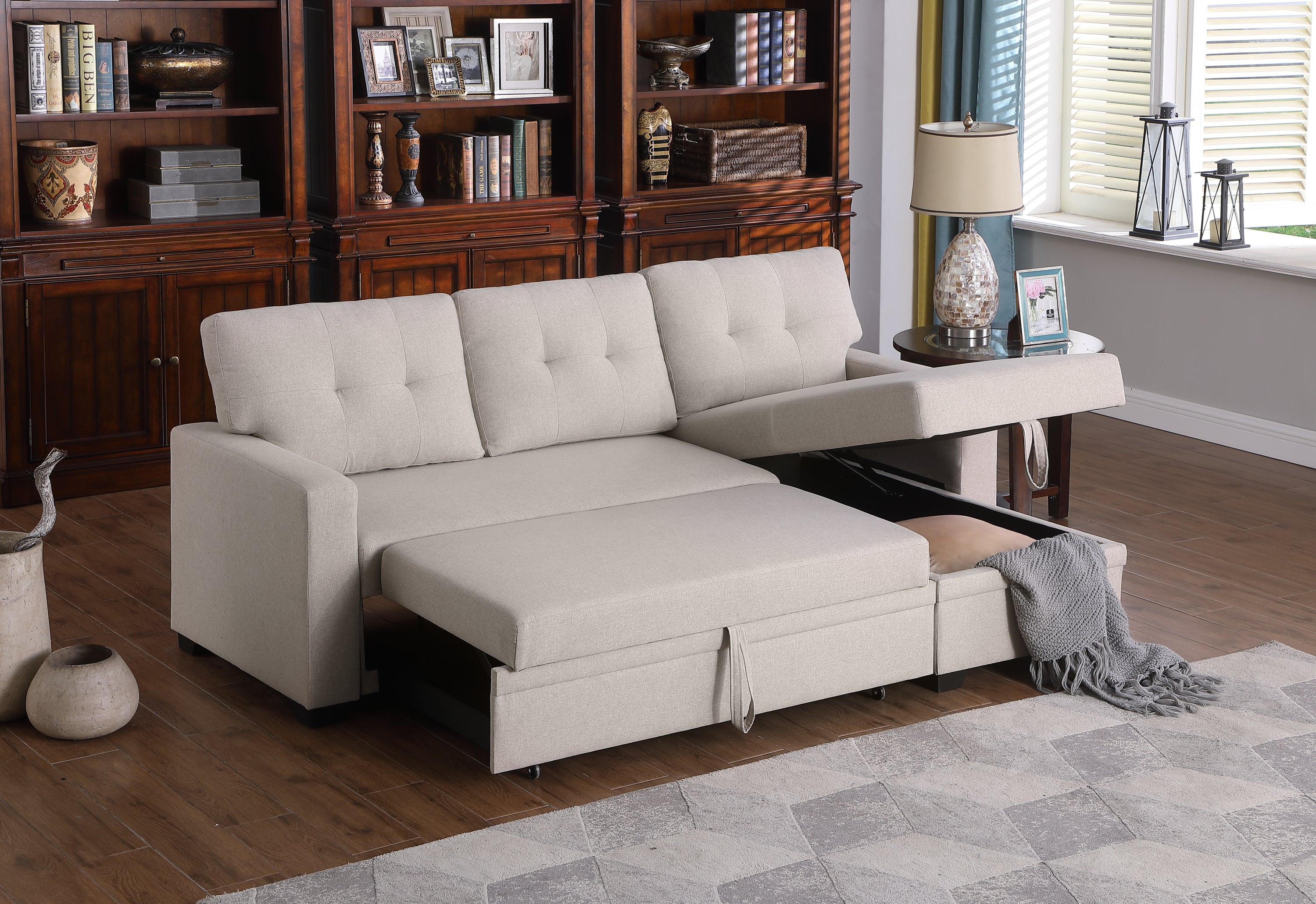 Upholstered Pull out Sectional Sofa with Chaise - Grand Goldman Shop