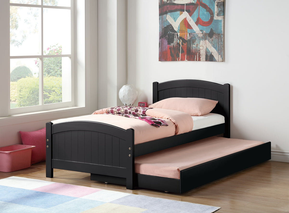 Twin Size Bed w/ Trundle Slats Black Pine Plywood Kids Youth Bedroom Furniture - Grand Goldman