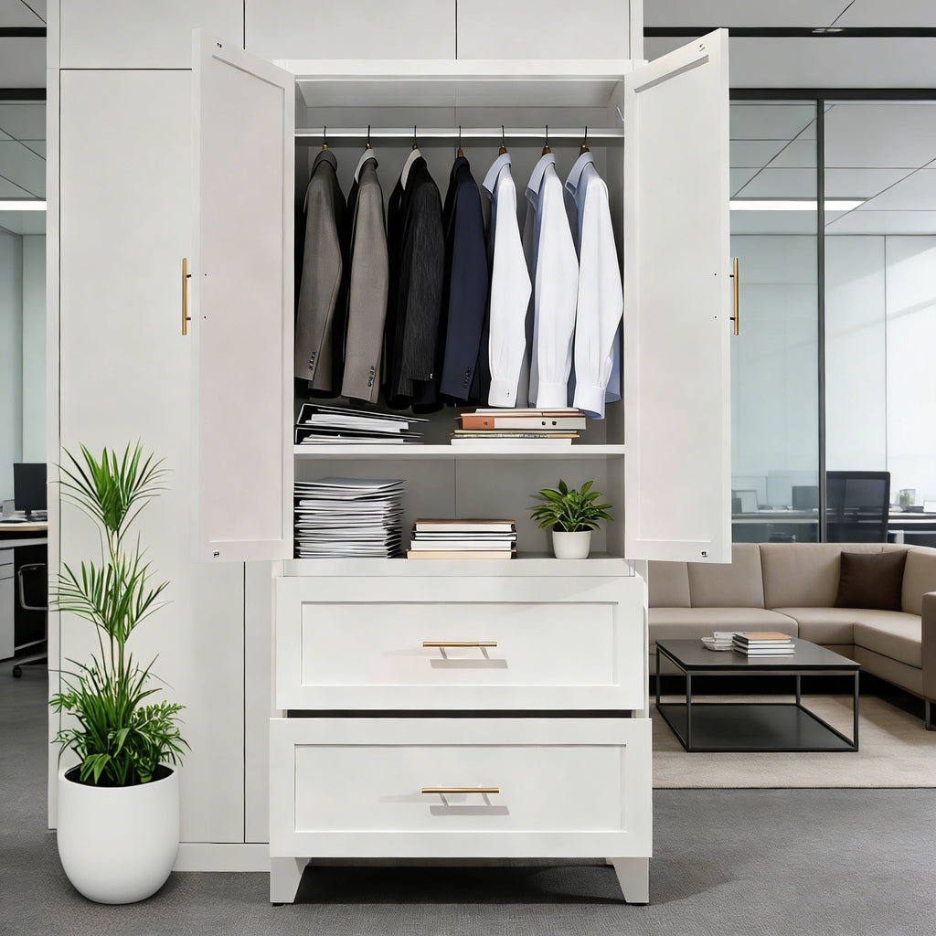 71' Tall Metal Wardrobe Cabinet with 2 Drawers and Hanging Rod, 2 Doors Wardrobe Closet with Shelf for Bedroom, Office, Laundry Room,Entryway ,Foyer,Guesthouse (White) - Grand Goldman Shop