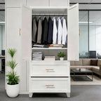 71' Tall Metal Wardrobe Cabinet with 2 Drawers and Hanging Rod, 2 Doors Wardrobe Closet with Shelf for Bedroom, Office, Laundry Room,Entryway ,Foyer,Guesthouse (White) - Grand Goldman Shop