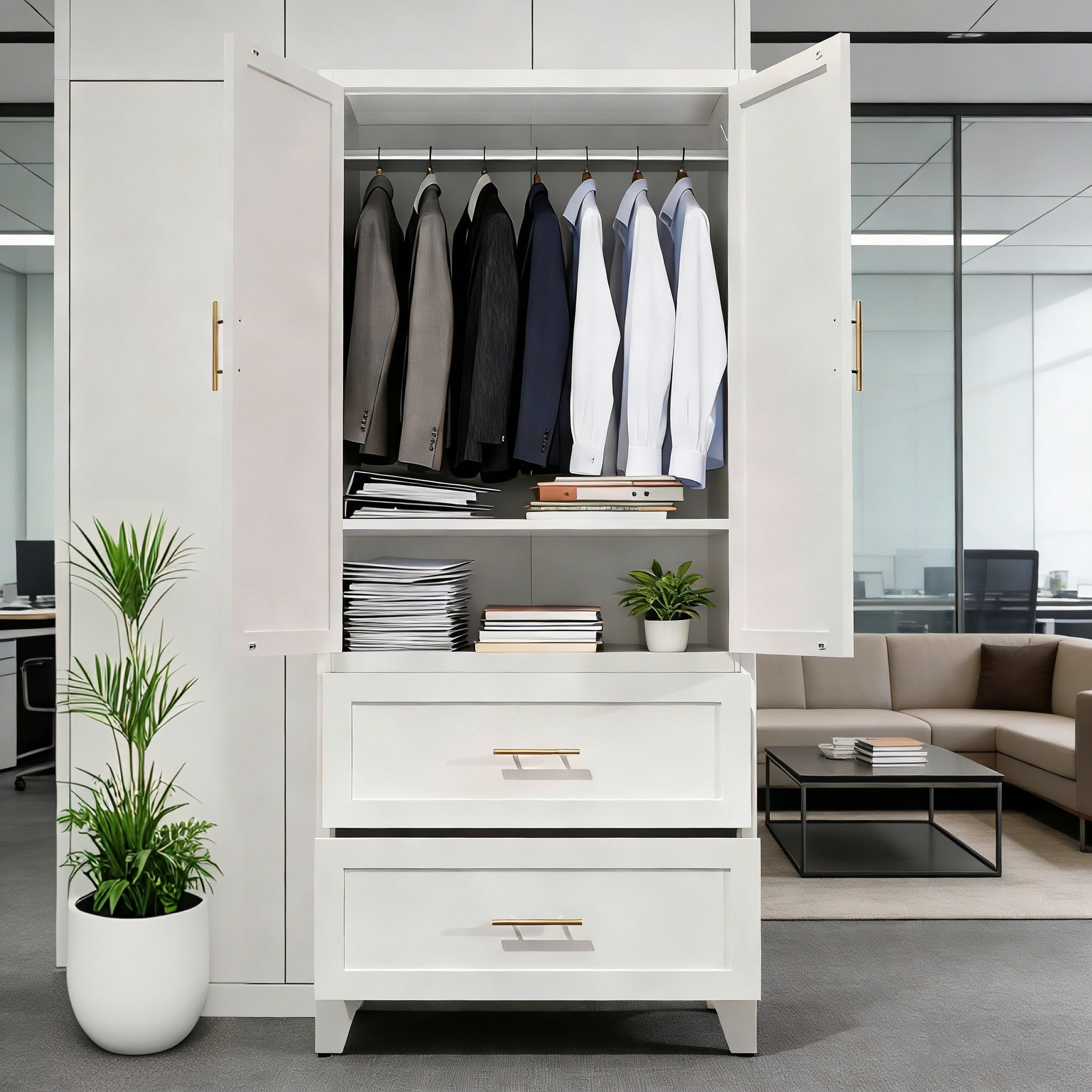 71' Tall Metal Wardrobe Cabinet with 2 Drawers and Hanging Rod, 2 Doors Wardrobe Closet with Shelf for Bedroom, Office, Laundry Room,Entryway ,Foyer,Guesthouse (White) - Grand Goldman Shop