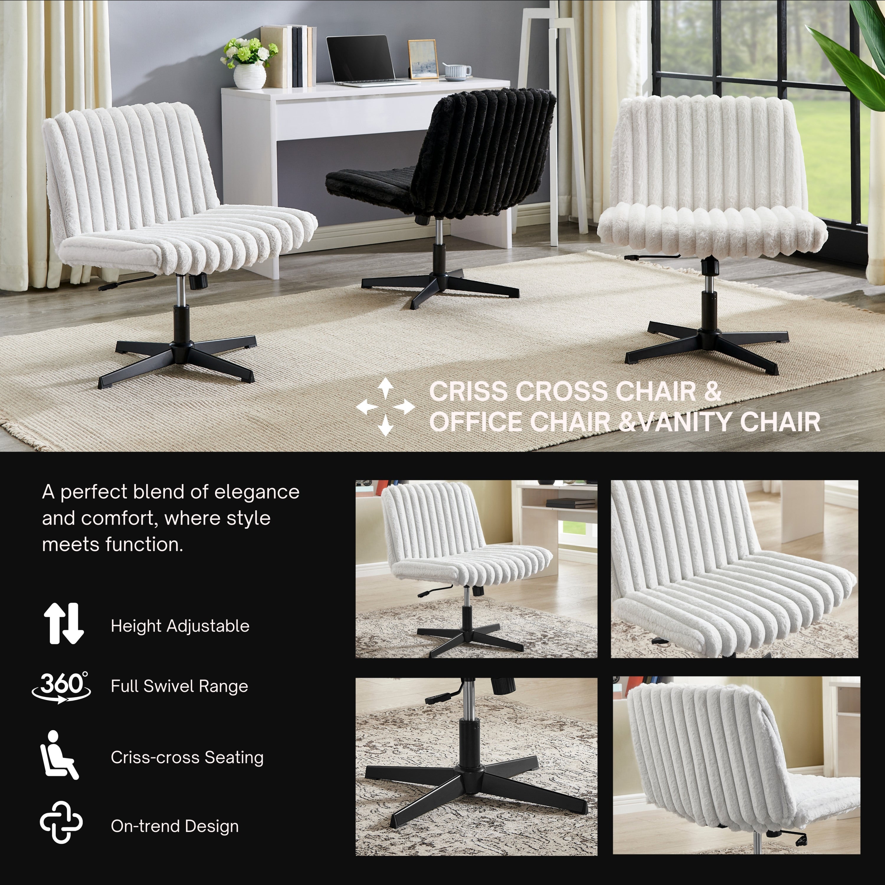 Blynn Adjustable Swivel Criss Cross Chair, Wide Seat Office Chair Vanity Chair, Gray - Grand Goldman