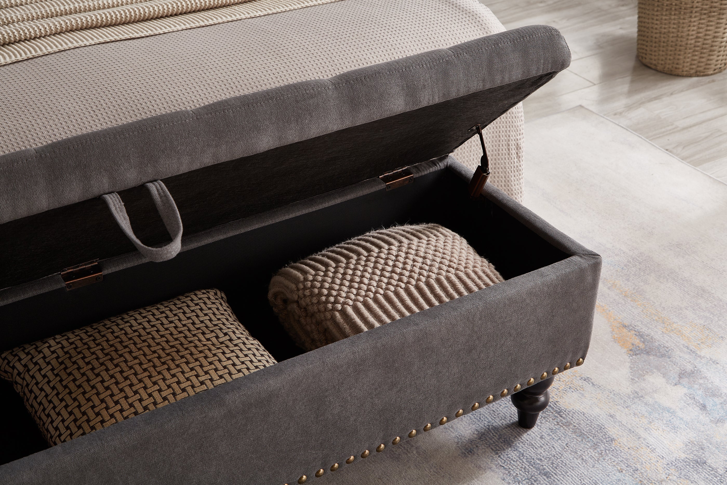 59' Bed Bench with Storage Grey Fabric - Grand Goldman Shop
