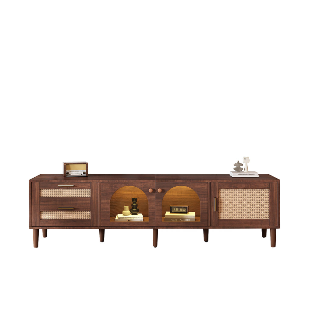 Dark Brown Rattan-inspired TV Stand with 3 Cabinets & 2 Drawers, LED Light Media Console for TVs up to 80'', MDF & Solid Wood Construction - Grand Goldman Shop