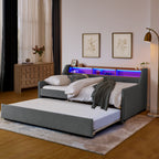 Grey Linen Upholstered Twin Sofa Bed with LED Lights, Storage Headboard, Foldable Trundle & Wireless Charging - Grand Goldman Shop