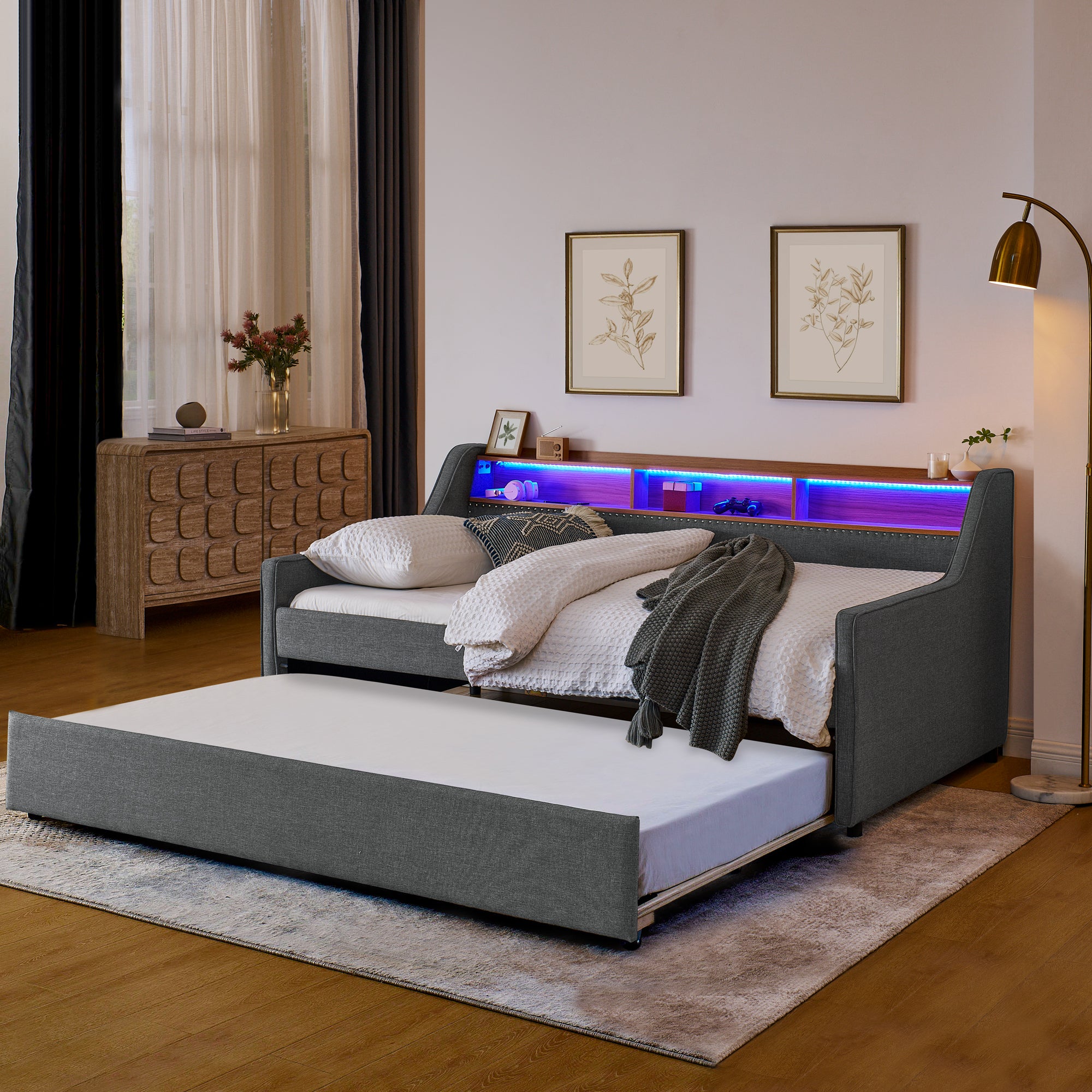 Grey Linen Upholstered Twin Sofa Bed with LED Lights, Storage Headboard, Foldable Trundle & Wireless Charging - Grand Goldman Shop