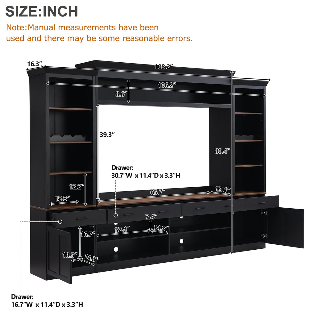 Farmhouse Entertainment Wall Unit with Bookshelf for TVs Up to 70', Walnut TV Stand with Adjustable Shelves, Mid-Century Media Console with Wine Rack for Living Room, Black (NEW SKU: N721S000046B-2) - Grand Goldman Shop