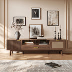 Wood Fashionable TV Stand for 75' TVs with Soft-Closing Doors, Dark Brown Modern Console with Rattan Accents and Drop-Down Cabinet, Solid Wood and MDF Construction - Grand Goldman Shop