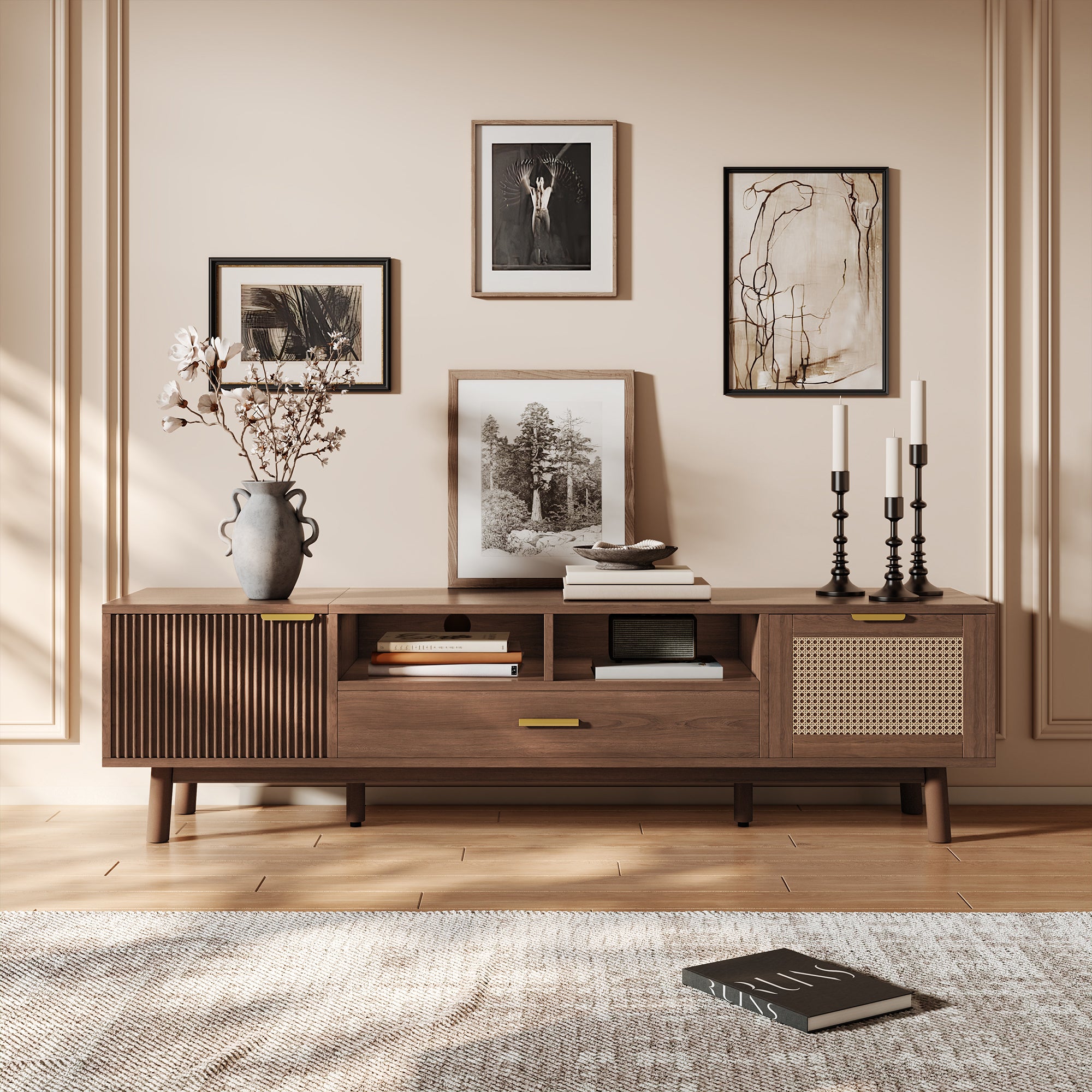 Wood Fashionable TV Stand for 75' TVs with Soft-Closing Doors, Dark Brown Modern Console with Rattan Accents and Drop-Down Cabinet, Solid Wood and MDF Construction - Grand Goldman Shop